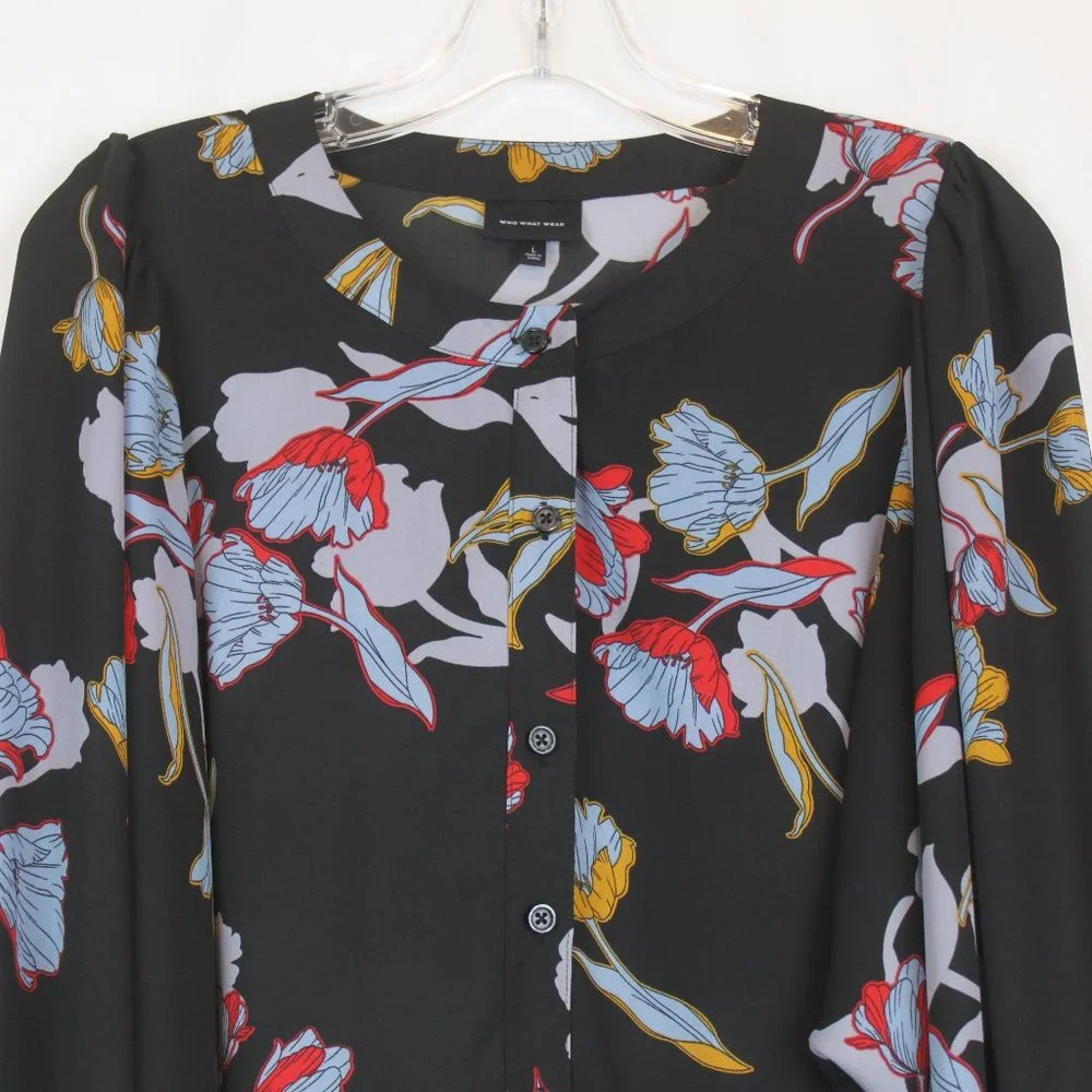 Who What Wear Large Black Floral Sheer Button Down Long Sleeve Blouse - Picture 3 of 12